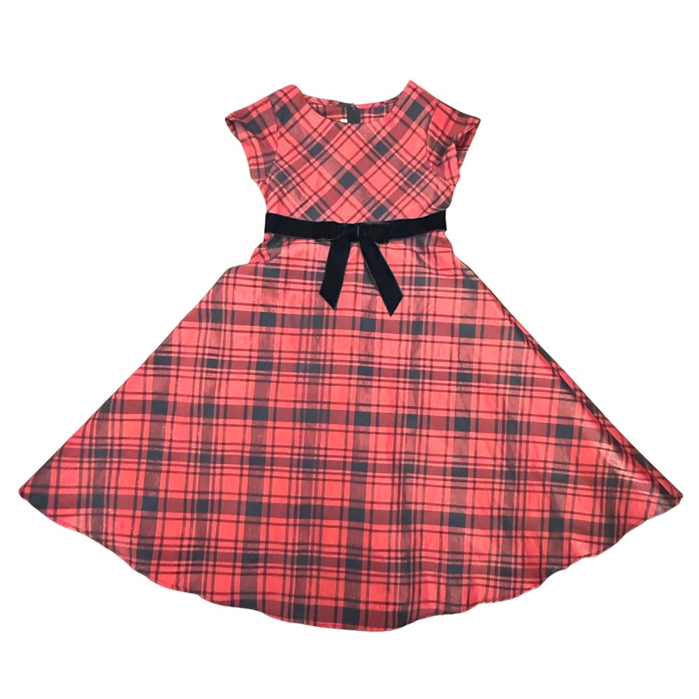 Bonnie Jean Girls Red Plaid Fit & Flare Dress with Velvet Bow Belt Size 8